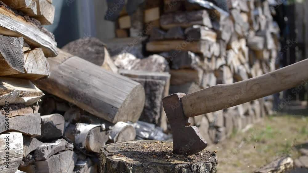 Logger Chopping Wood with Axe in Slow Motion Logger Chopping Wood with Axe in Slow Motion