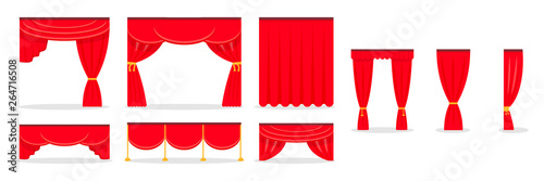 Red curtains flat illustrations set