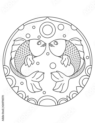Fototapeta Naklejka Na Ścianę i Meble -  Pattern with fish. Illustration with a fish. Mandala with an animal. Fish in a circular frame. Coloring page for kids and adults.