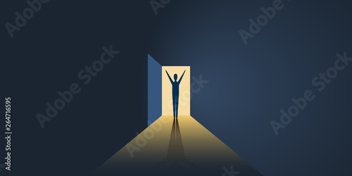 New Possibilities, Hope - Business Finding Solution Vector Concept - Businessman Standing in Front of the Door in the Dark, Symbol of Light at the End of the Tunnel  © bagotaj