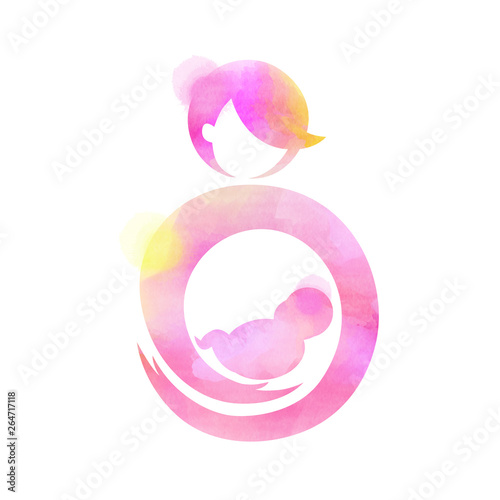 Double exposure illustration.Logo of mother holding adorable child baby  silhouette plus abstract water color painted. Mother's day. Mom and child health. Digital art painting