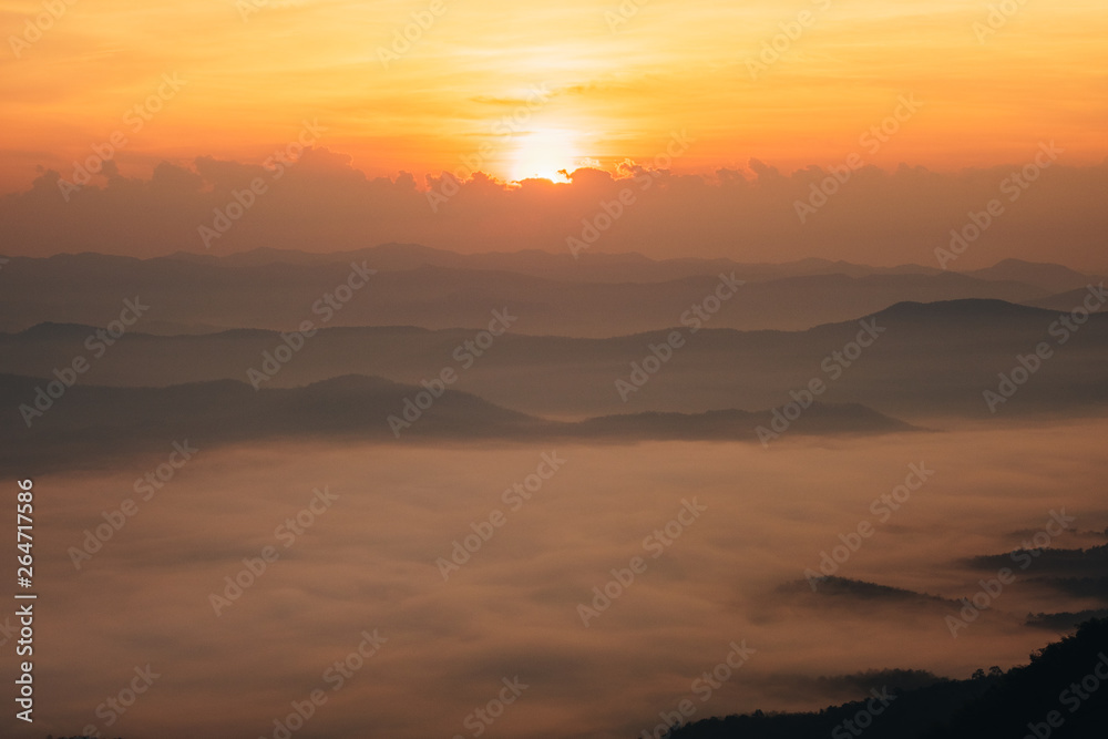 Dawn of Sea Fog on the top of the Sierra at Doi Samer Dao, Nan, Thailand 