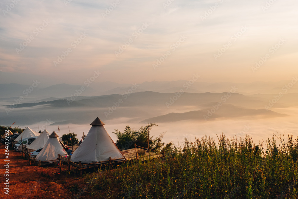 Accommodation white tent Doi Samer-Dao in Nan Province, Thailand.