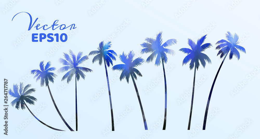 Set of watercolor palm trees . Coconut plant isolated. Vector illustration