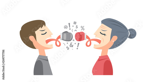 young man with old woman is having argument with glove in their tongue