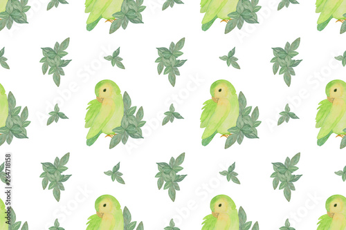 Hand drawn watercolor green parrot and leaves seamless pattern on the white background, tropical bird illustration, ornament suitable for different purposes,  making textile, wallpaper, wrapping paper © Contes de fée 