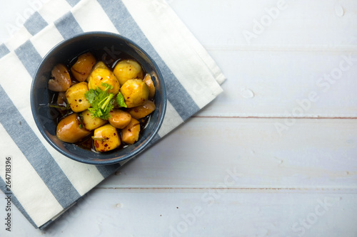 Various of fried meatball with sweet sauce in bowl