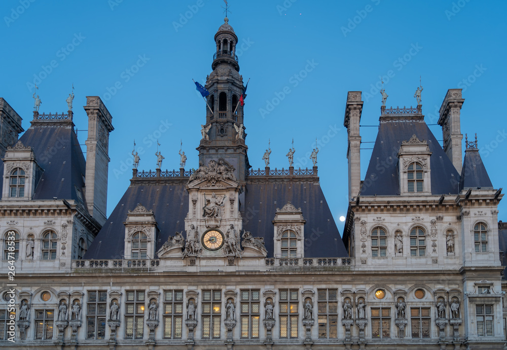 Paris, France - 04 17 2019: Roof of the Paris City Hall at dusk