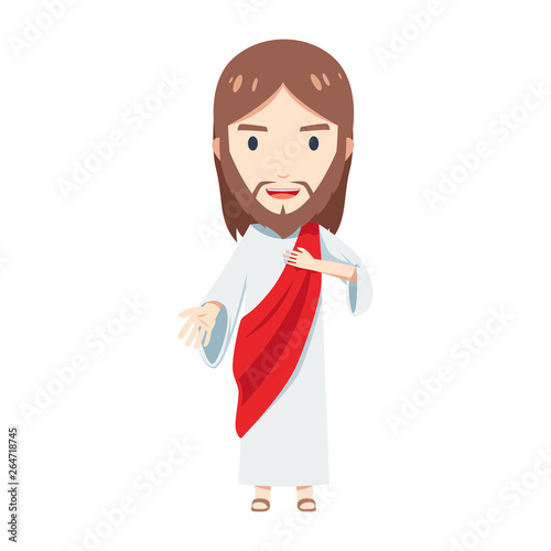 Cute Jesus Christ is holding his chest and offer his hand to help