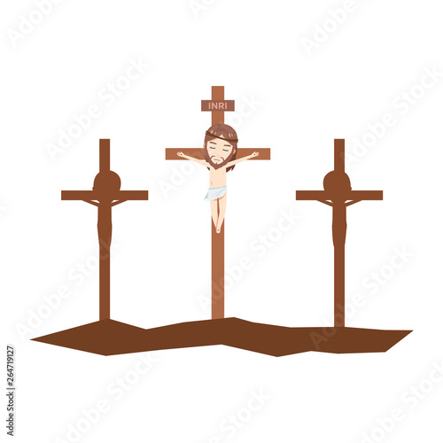 Jesus is death on brown cross among two silhouette cross