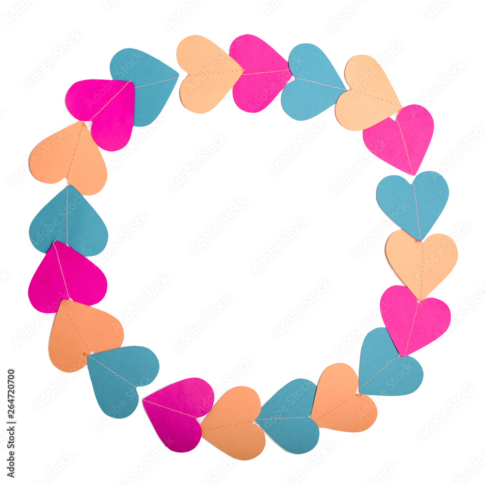 Frame made of colorful paper hearts connected by thread isolated on white background. Flat lay