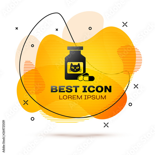 Black Cat medicine bottle and pills icon isolated on white background. Container with pills. Prescription medicine for animal. Fluid color banner. Vector Illustration