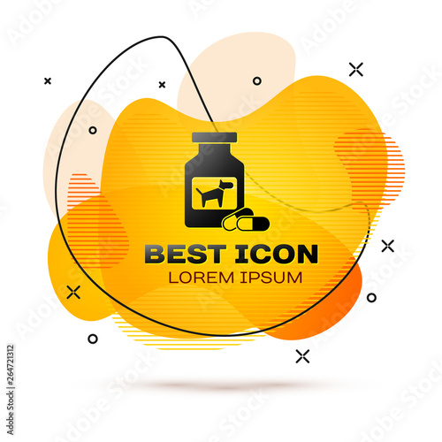 Black Dog medicine bottle and pills icon isolated on white background. Container with pills. Prescription medicine for animal. Fluid color banner. Vector Illustration