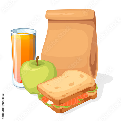 Lunch paper bag with juice, apple and sandwich. Recycle brown paper bag. Flat vector illustration isolated on white background