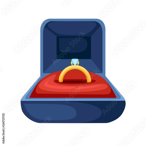 Golden ring with diamond in blue velvet opened gift jewelry box. Flat vector illustration isolated on white background