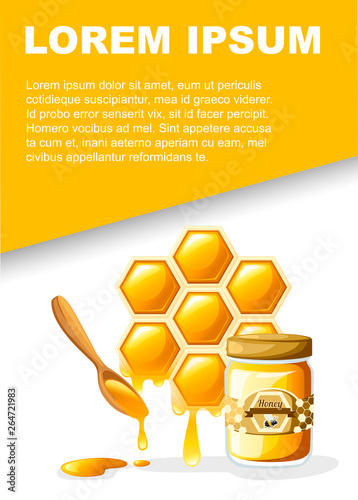 Jar of honey. Honeycomb with sweet honey drops and wooden spoon. Web site page and mobile app design. Flat vector illustration on white background. Place for text
