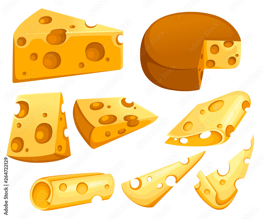 Cheese slices collection. Triangular piece of cheese. Dairy milk product icon set. Flat vector illustration isolated on white background Cheese slices collection. Triangular piece of cheese. Dairy milk product icon set. Flat vector illustration isolated on white background