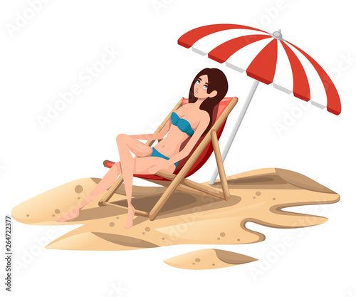 Beautiful women wear blue swimsuit relaxing on red beach chair under beach umbrella on vacation. Wooden lounge chair. Cartoon character design. Flat vector illustration isolated on white background