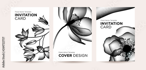 Design template of of invitation cards with abstract spring flowers for the hotel, beauty salon, spa, restaurant, club. Set of monochrome floral templates. Vector illustration