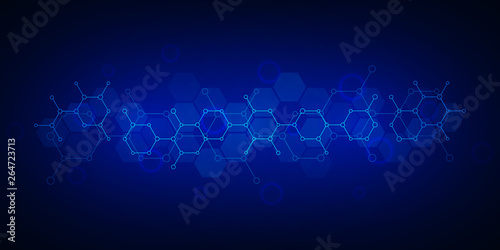 Abstract background of science and innovation technology. Technical background with hexagons pattern and molecular structures. © berCheck
