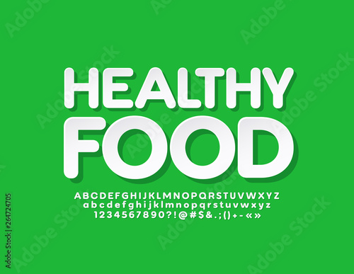 Vector modern logotype Healthy Food with white Alphabet Letters, Numbers and Symbols. Flat trendy Font 