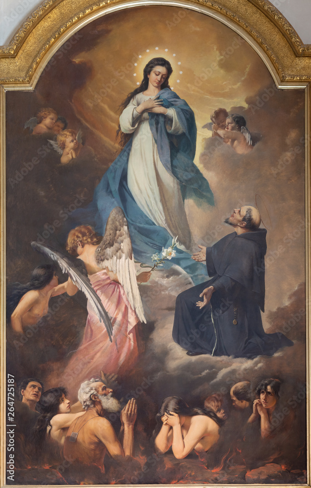 CATANIA, ITALY - APRIL 6, 2018: The painting of Virigin Mary and the souls in purgatory in church Chiesa di San Francesco d'Assisi all'Immacolata by Pasquale Lotta (1900).