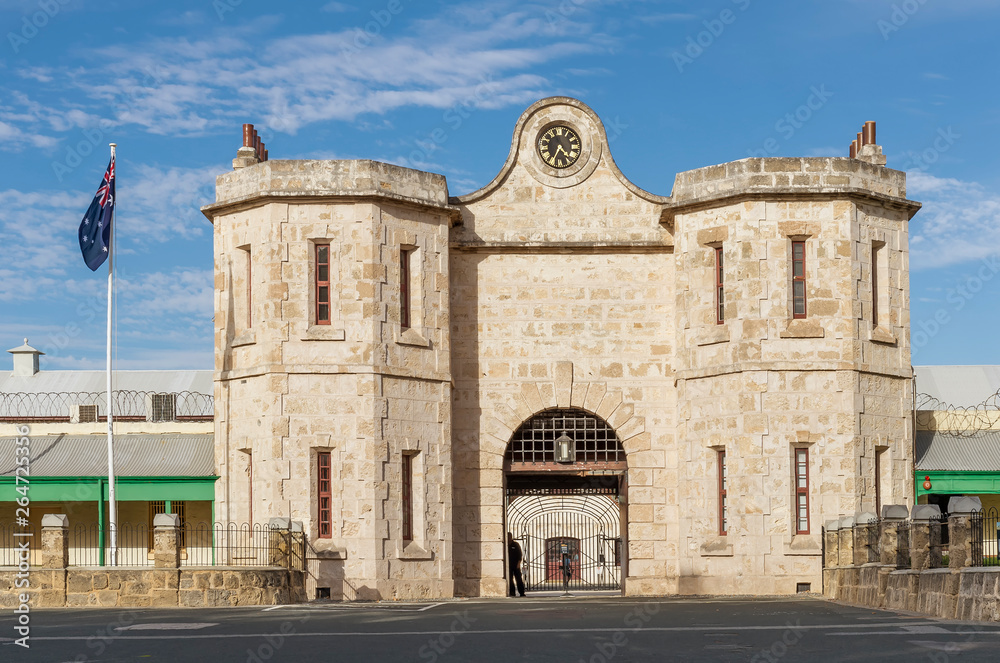The historic Fremantle Prison and the Australian flag on a beautiful sunny day, Western Australia
