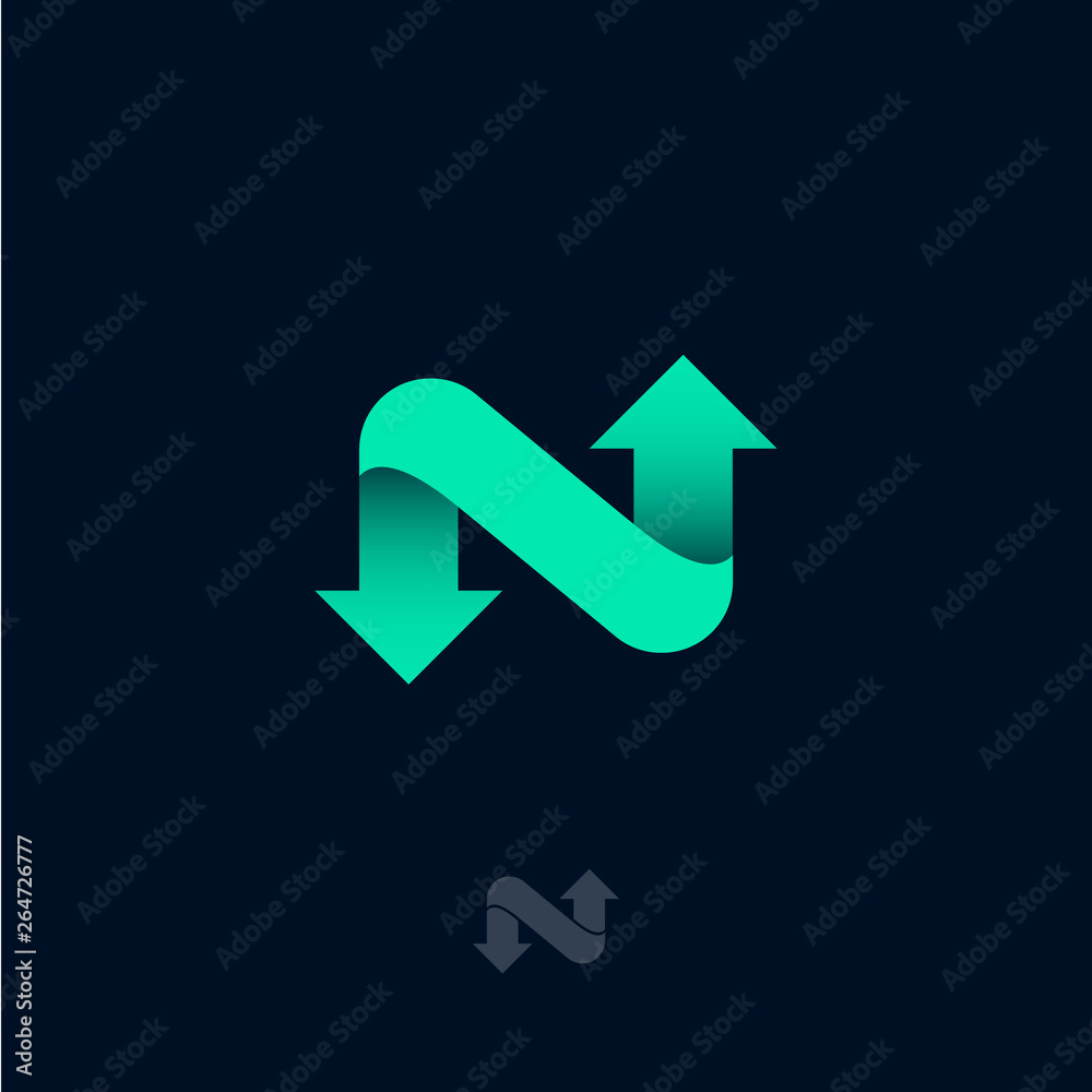 N logo. Green ribbon with arrows. N monogram. Letter with directions. Network icon. N logo. Green ribbon with arrows. N monogram. Letter with directions. Network icon.