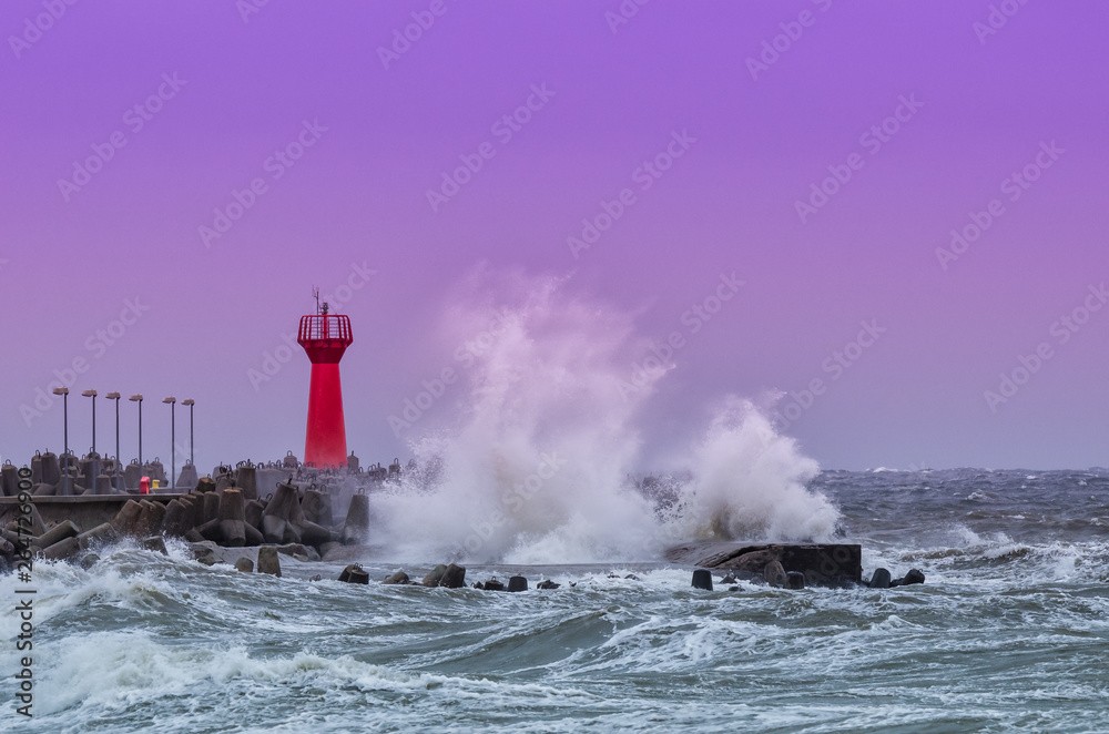 STORM AT SEA - Storm waves crashing on the breakwater in the port of Kolobrzeg