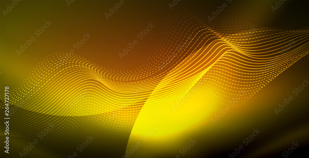 Glowing abstract wave on dark, shiny motion, magic space light. Techno abstract background