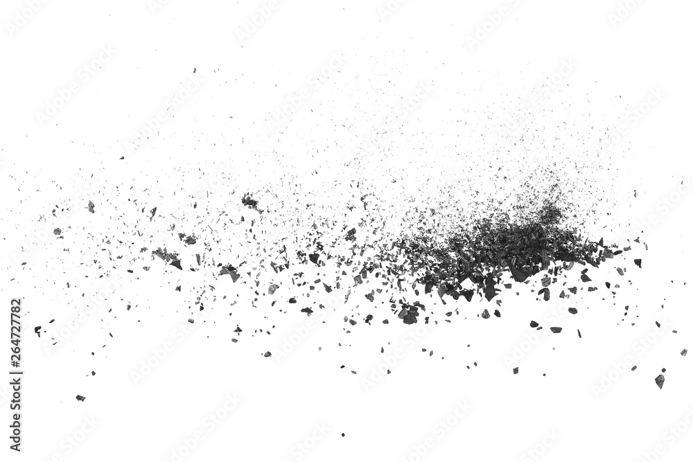 Obraz premium Black charcoal dust, gunpowder blast effect isolated on white background and texture, top view and clipping path