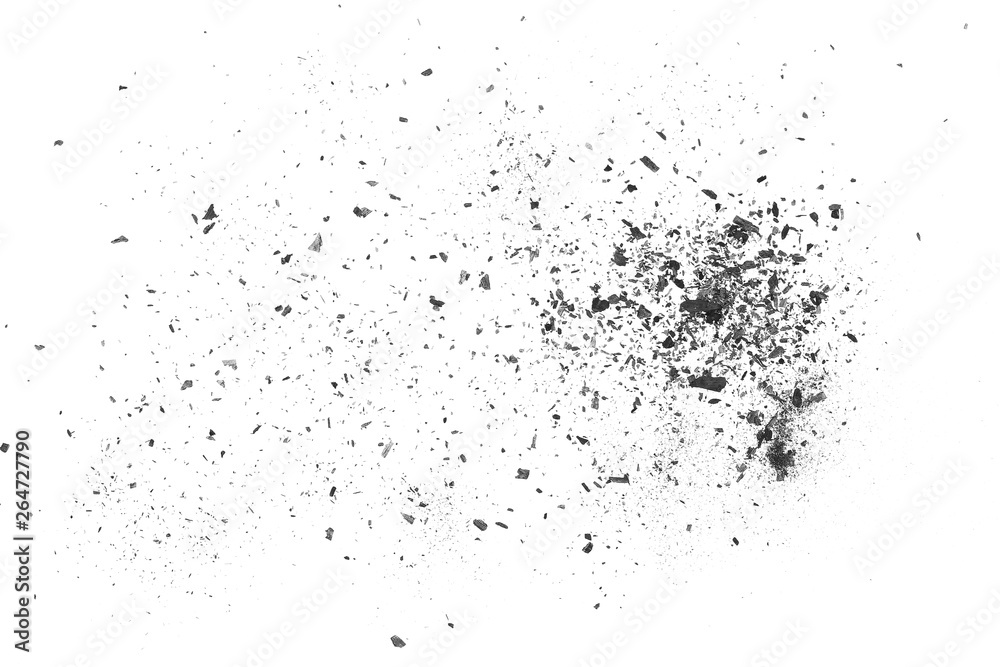 Black charcoal dust, gunpowder blast effect isolated on white background and texture, top view and clipping path Black charcoal dust, gunpowder blast effect isolated on white background and texture, top view and clipping path