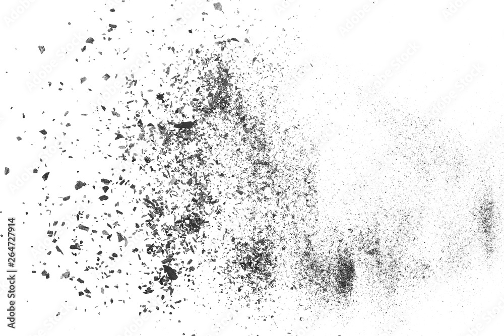 Black charcoal dust, gunpowder blast effect isolated on white background and texture, top view and clipping path Black charcoal dust, gunpowder blast effect isolated on white background and texture, top view and clipping path