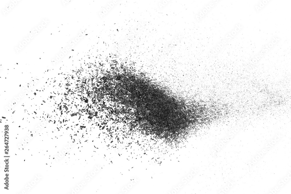 Black charcoal dust, gunpowder blast effect isolated on white background and texture, top view and clipping path