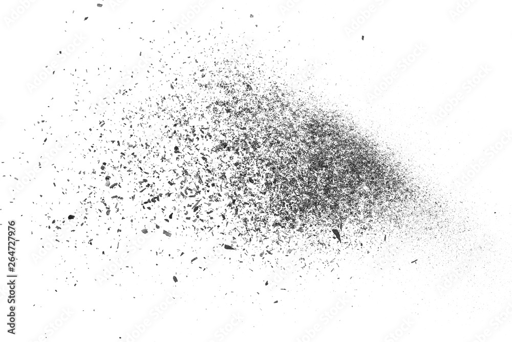 Black charcoal dust, gunpowder blast effect isolated on white background and texture, top view and clipping path Black charcoal dust, gunpowder blast effect isolated on white background and texture, top view and clipping path
