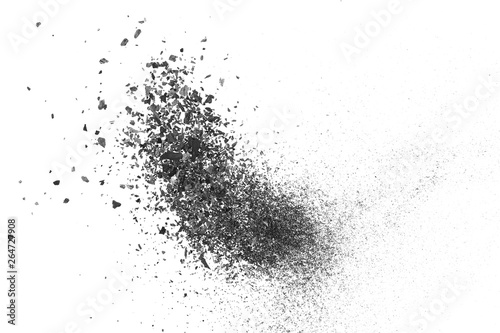 Black charcoal dust, gunpowder blast effect isolated on white background and texture, top view and clipping path