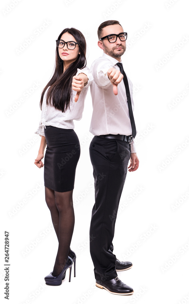 Two smiling happy businesspeople in formalwear showing thumbs-up on white background Two smiling happy businesspeople in formalwear showing thumbs-up on white background