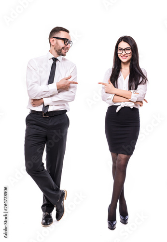 Full height on Young confident professional business colleagues pointing at each other, isolated on white background