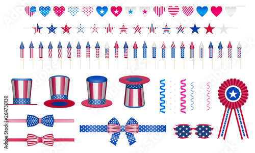 usa celebration holiday party 3d design elements set, hearts, stars garland, bow-tie, top hat, badge, rocket, sunglasses, serpentine isolated on a white background, stock vector illustration clip art