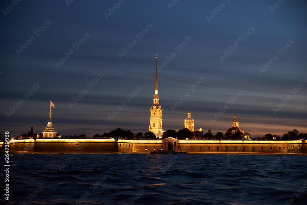 Cathedral of Peter and Pavel in Petropalovskaya fortress at night.  Russia: view of the Peter and Paul Fortress 