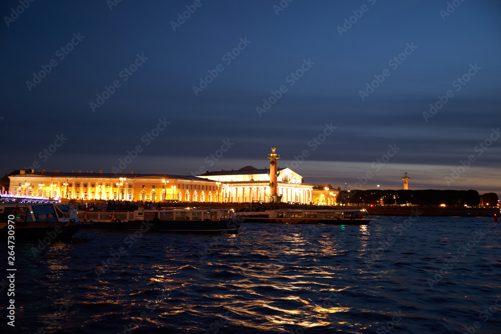 St. Petersburg, Russia. Neva river and Old Exchange building on the Spit of Vasilievsky Island in the summer evening