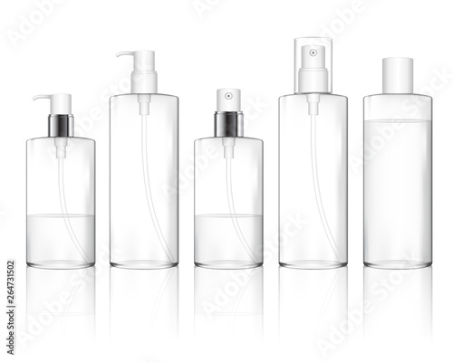 Cosmetic plastic bottle with different caps (spray, dispenser pump). Liquid container for gel, lotion, cream, shampoo, bath foam. Beauty product package (transparent). Vector illustration.
