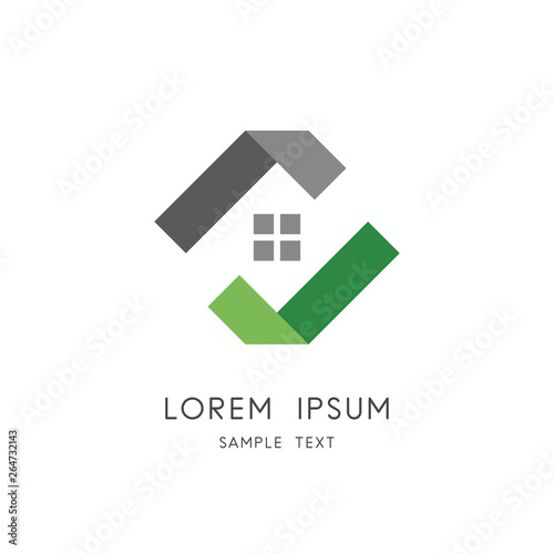 Real estate logo - house or home with window and check mark symbol. Realty and property agency vector icon.