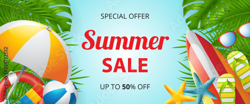 Summer sale vector banner design with colorful beach elements. Vector illustration