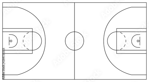 Basketball court. Scheme of plots and zones: center circle, three-point line, perimeter, low post area, key, Restricted area arc. Vector illustration. Black lines on a white background.