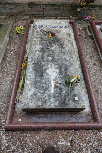 Tomb of the famous Russian composer Igor Stravinsky at the cemetery of San Michele in Venice, Italy