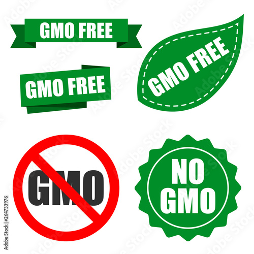 Non genetically modified organism logo for packaging design. GMO free labels. Set of vector signs isolated on white. Emblems confirming the absence of genetically modified components in food. 