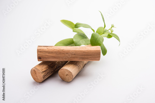 Chandan or sandalwood powder with sticks and green leaves