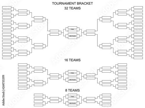 Table of quarter-final playoff sports games competitions. Tournament bracket for 32, 16 and 8 teams. Blank vector scheme on a white background.