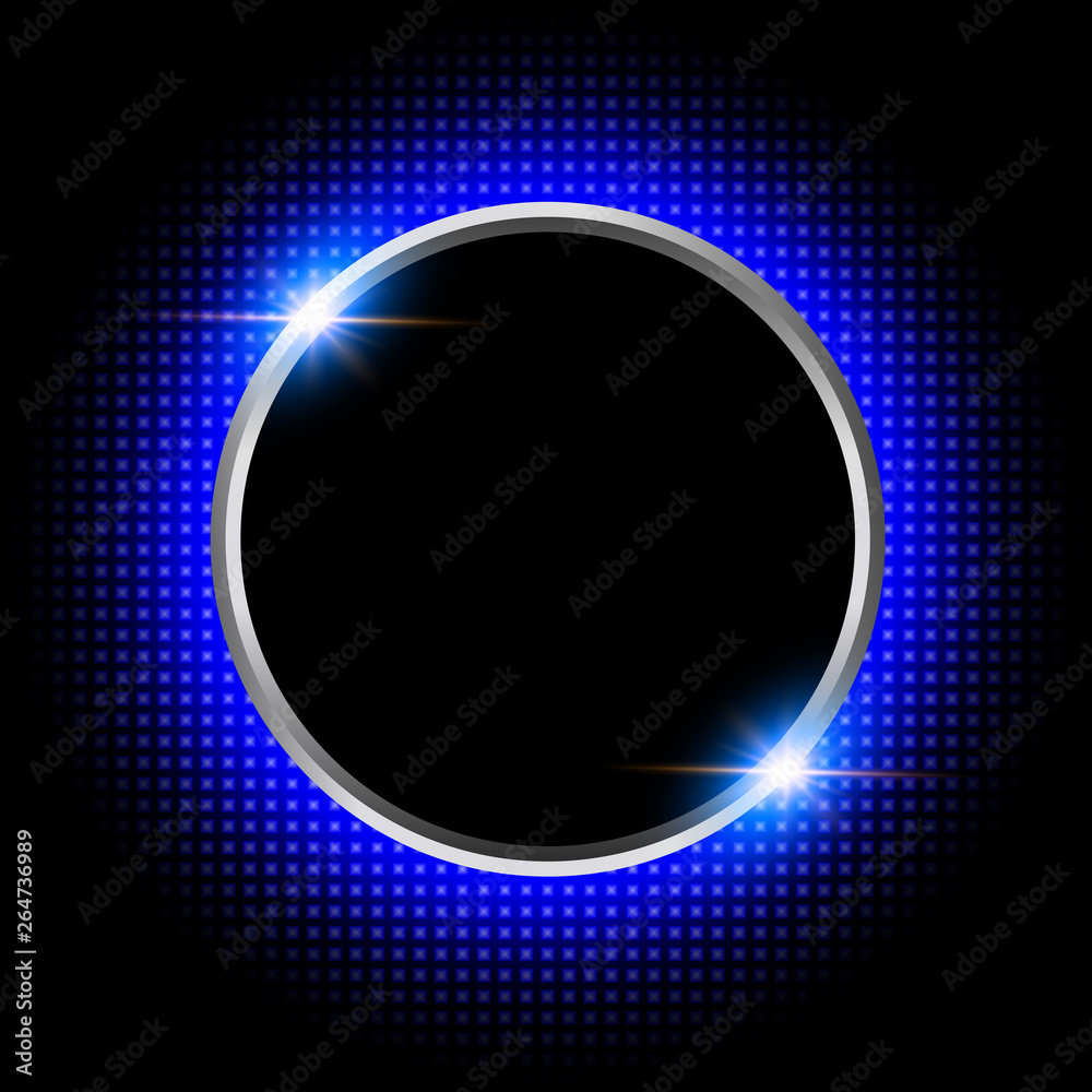 Silver sparkling ring with blue neon glitter on black background
